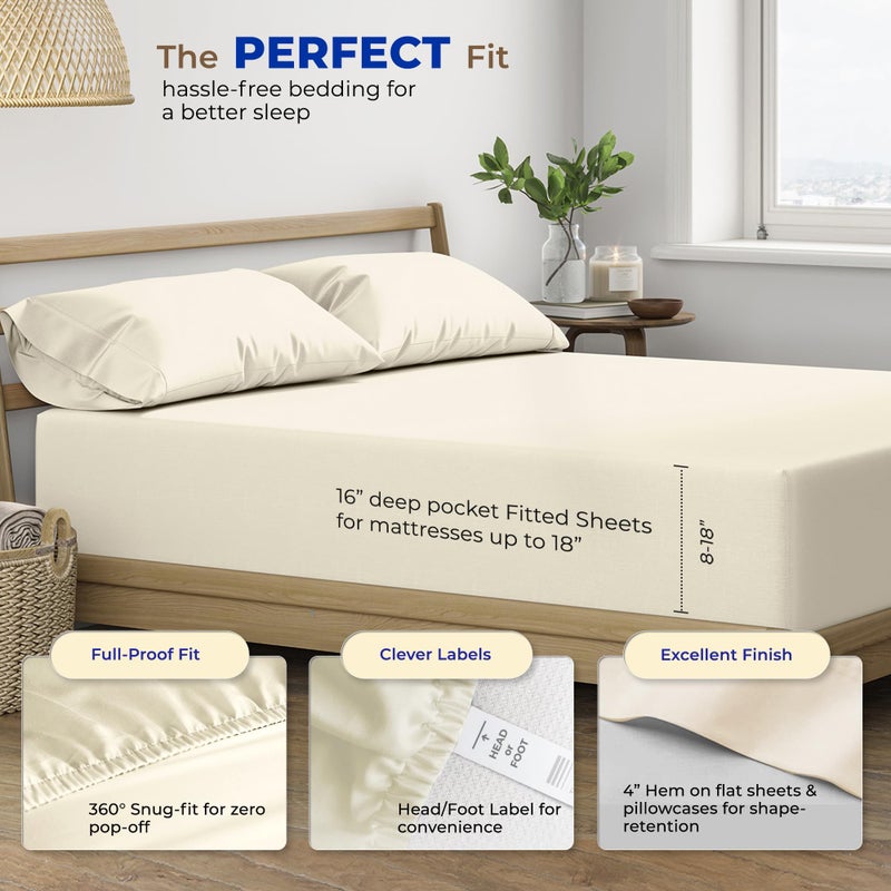 THREAD SPREAD 100% Egyptian Cotton Sheets Set Twin - 600 Thread Count Sheets Twin, 3 PC Deep Pocket Twin Sheets, Soft, Cooling Sateen Weave Extra Long Twin Sheets Set for Dorm, 16" Deep Pocket - Ivory - Image 4